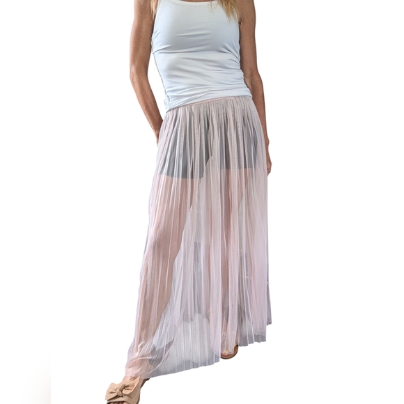 H&M Limited Edition SHEER Mesh Pleated Long Pastel Pink Festival Skirt Size 4 - Picture 10 of 15